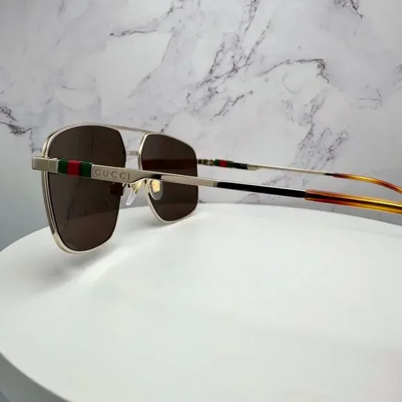 New GUCCI Sunglasses Gold Metal Square Aviator Pilot Red Green Web Logo Mens